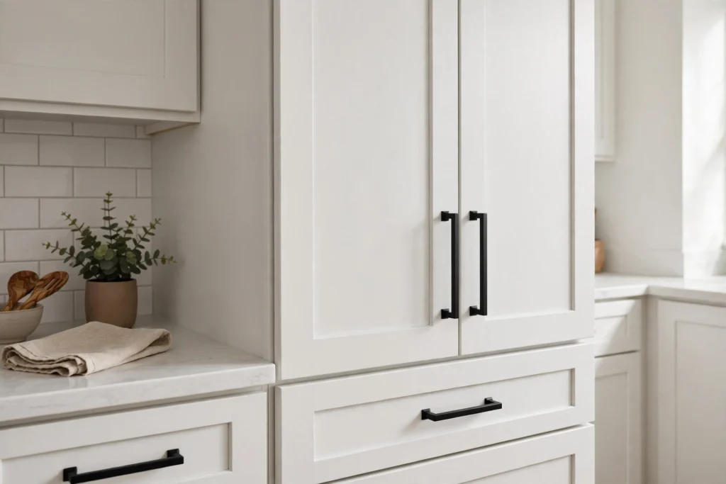 Affordable matte black pulls freshly installed on painted kitchen cabinets