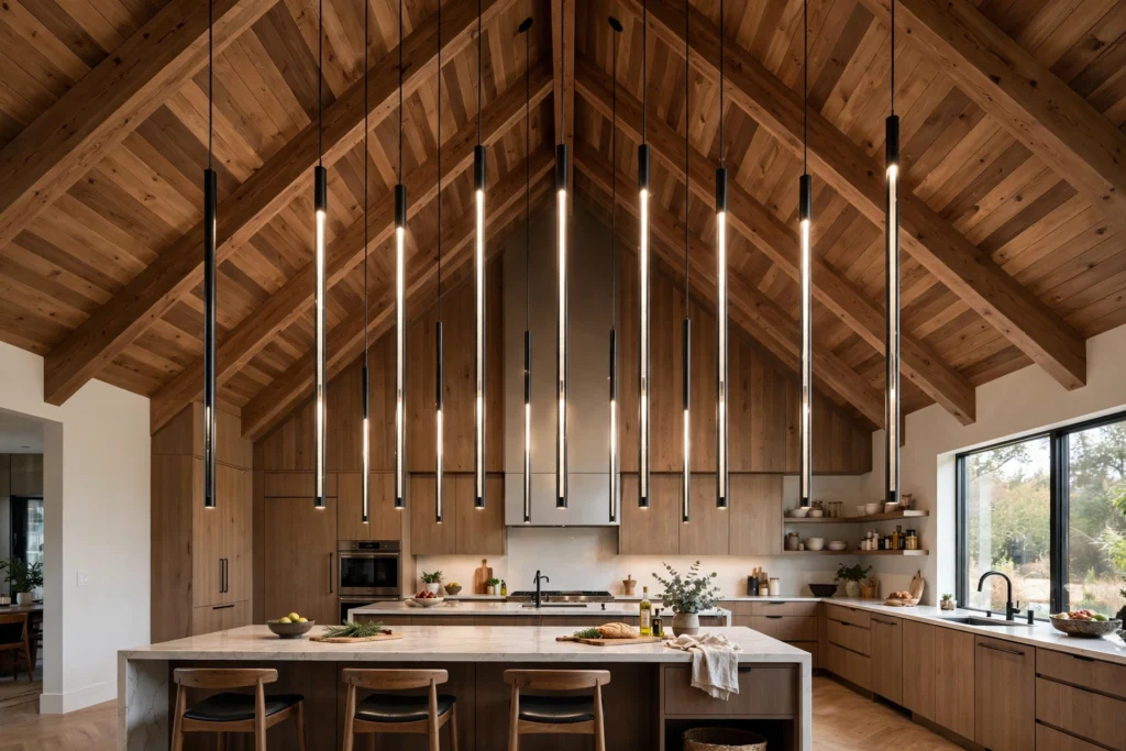 Vaulted wood kitchen ceiling with long pendants filling the height
