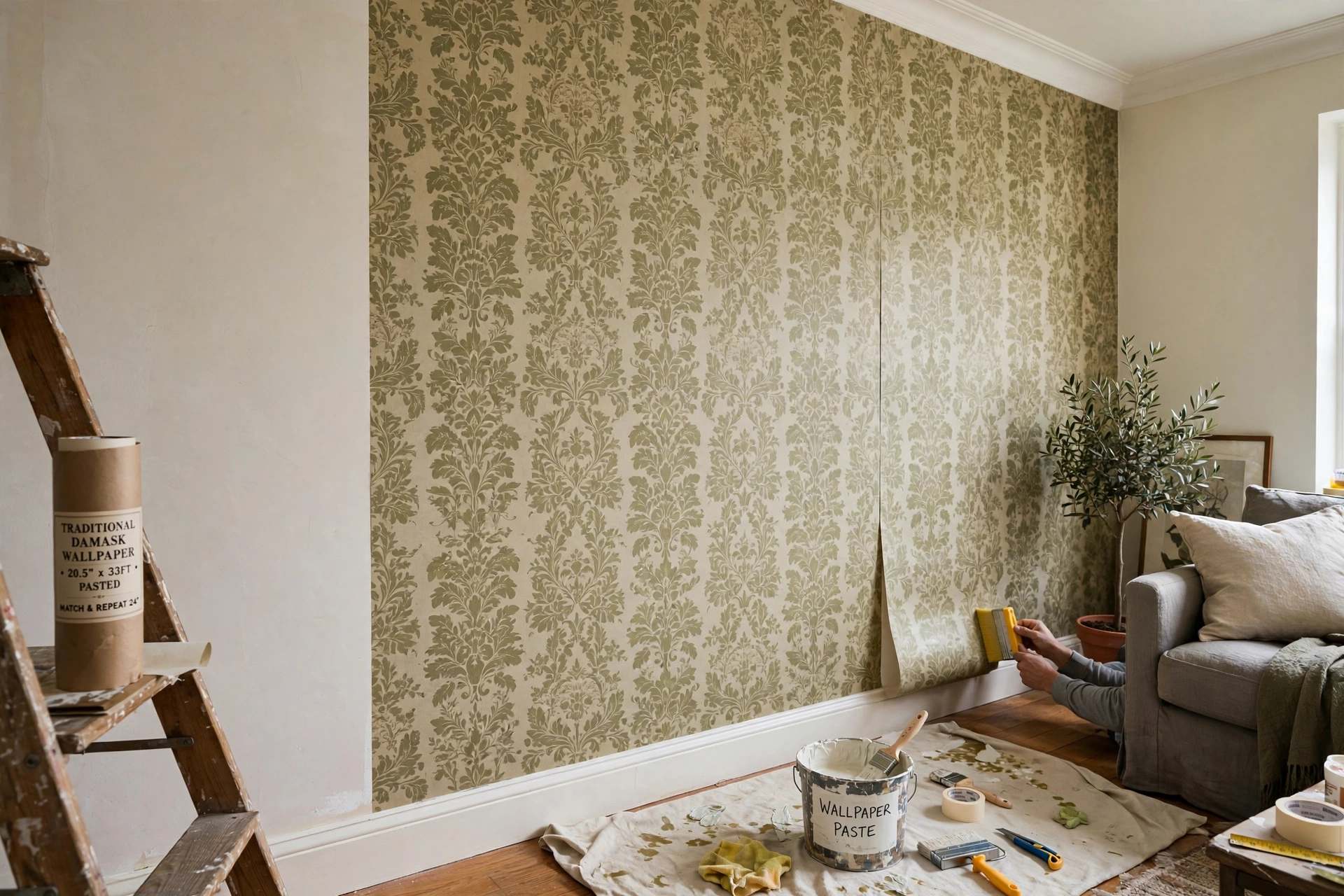 Seamless traditional pasted wallpaper installation on a living room wall