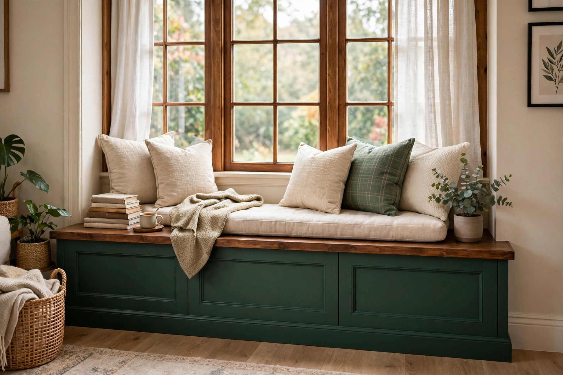 Window seat base painted deep green with stained wood seat top in a living room