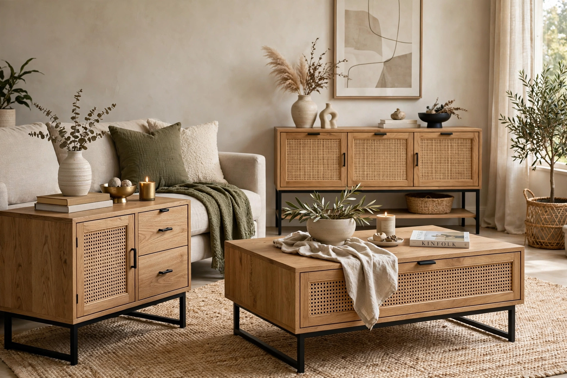 Side table coordinated with a matching coffee table and console in a living room