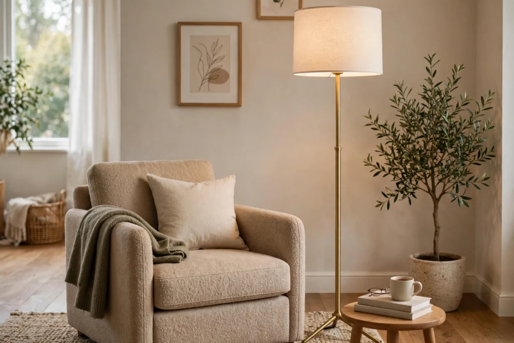 Well-proportioned tall floor lamp balanced beside an armchair