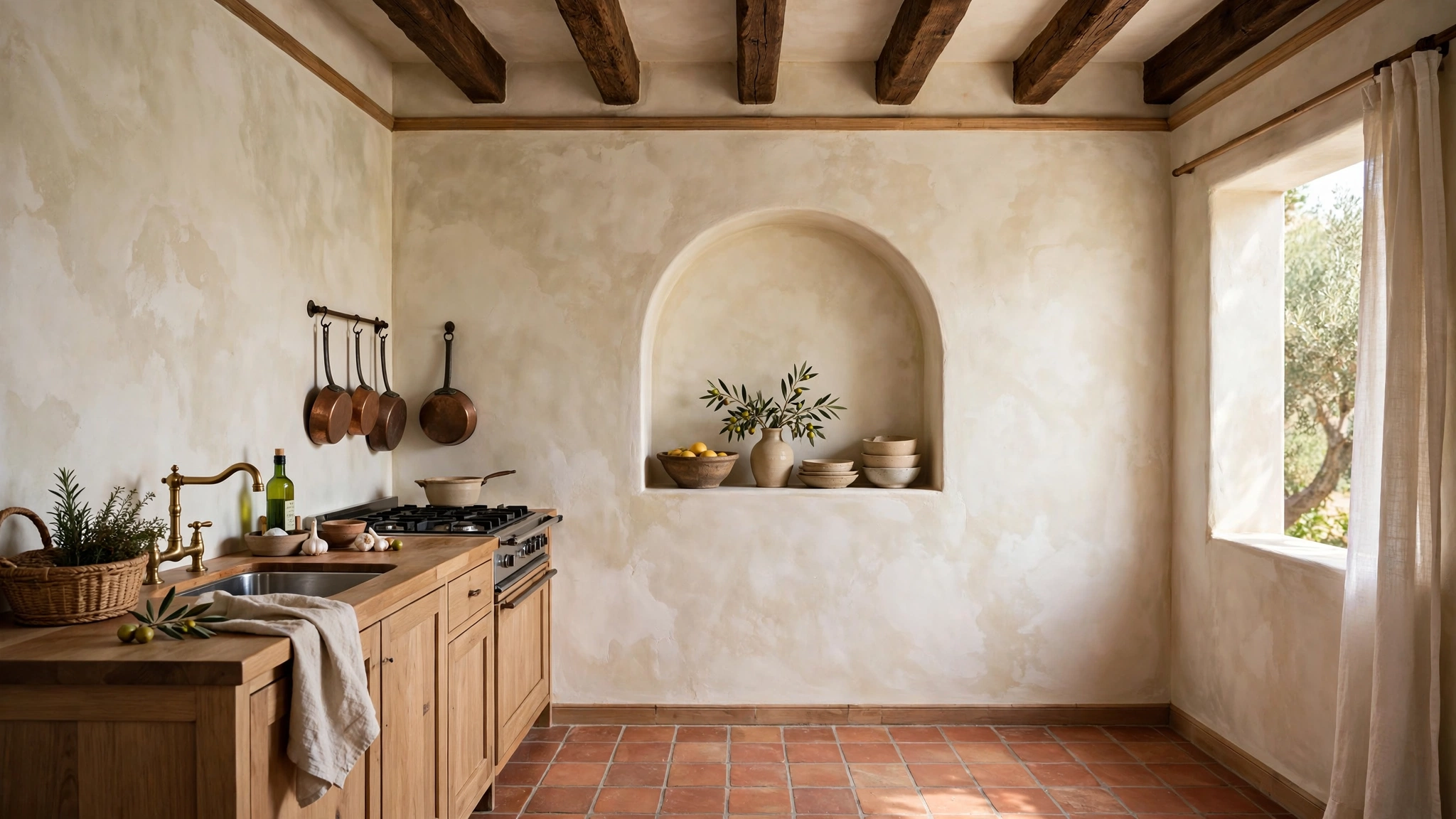 Textured limewash plaster walls in a warm Mediterranean kitchen
