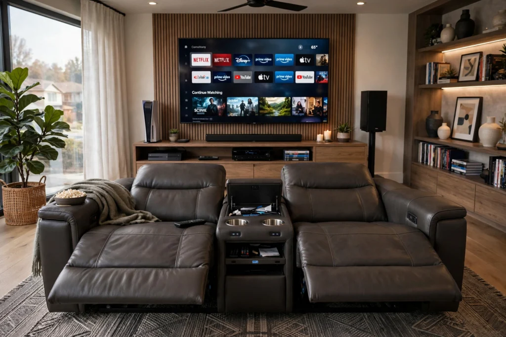 Dual reclining loveseat with center console in a living room media setup