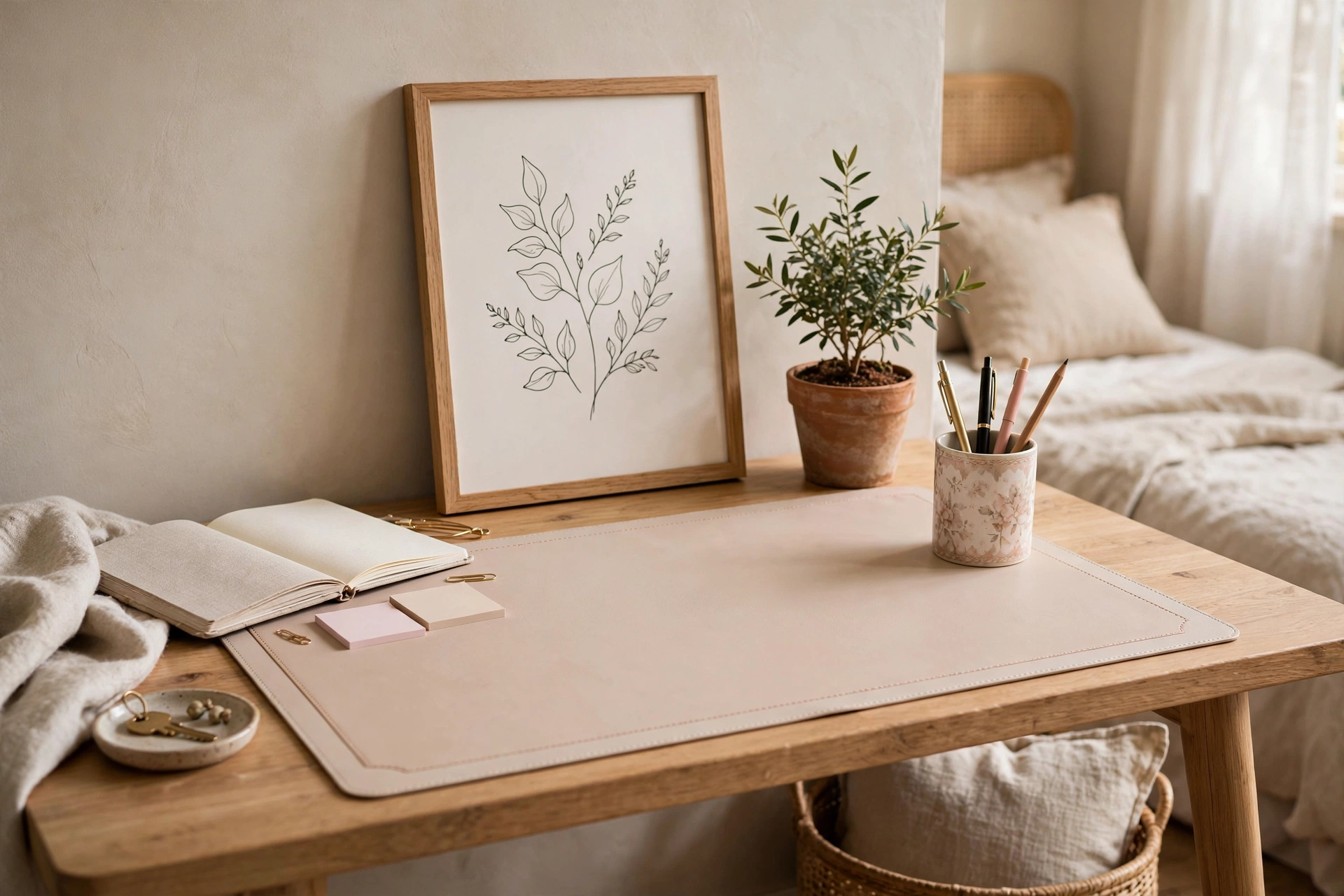 Styled bedroom desk with framed print, small plant, desk pad, and pretty pen cup