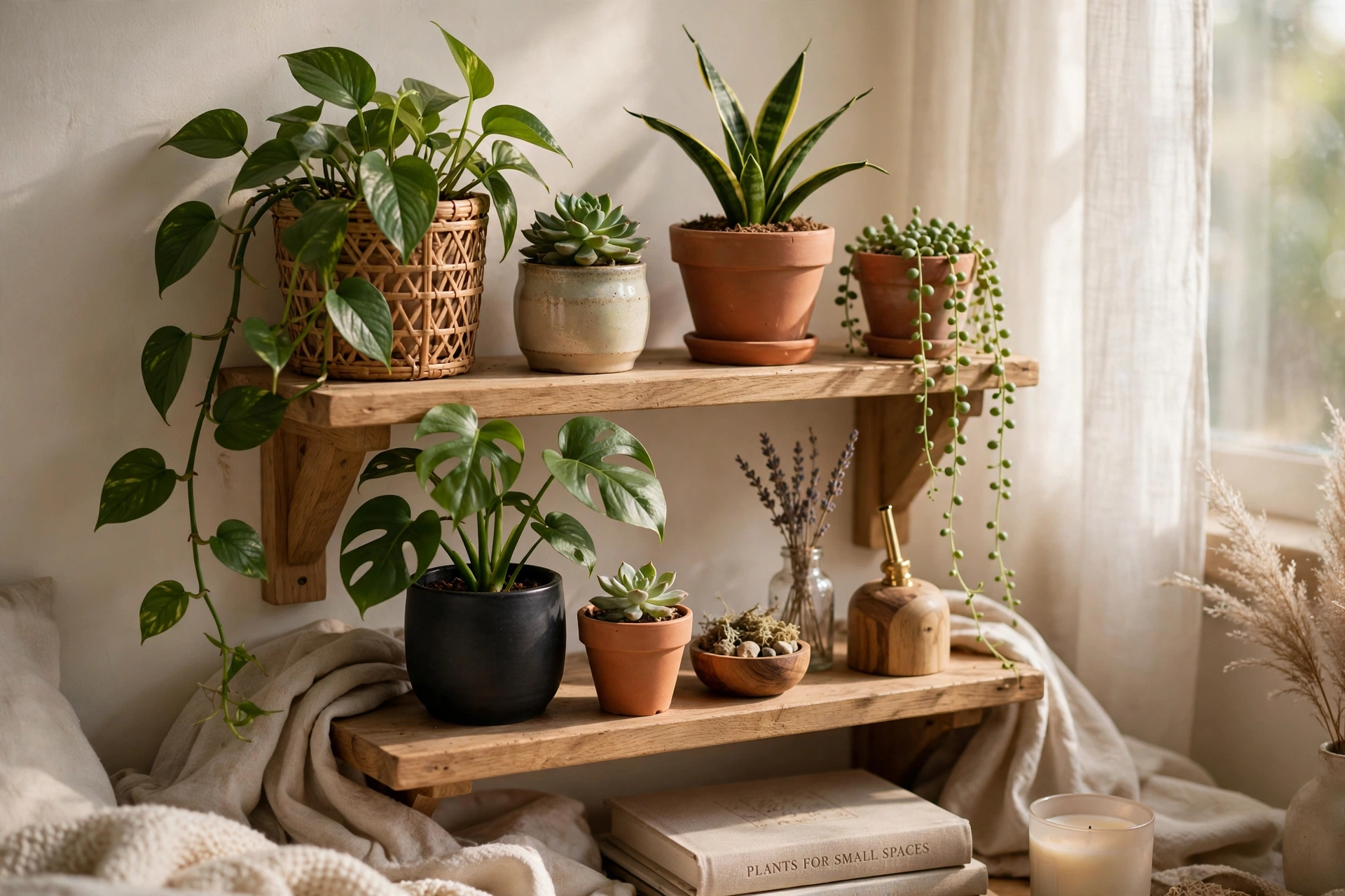 Assorted bedroom houseplants on a shelf with soft natural daylight filtering in