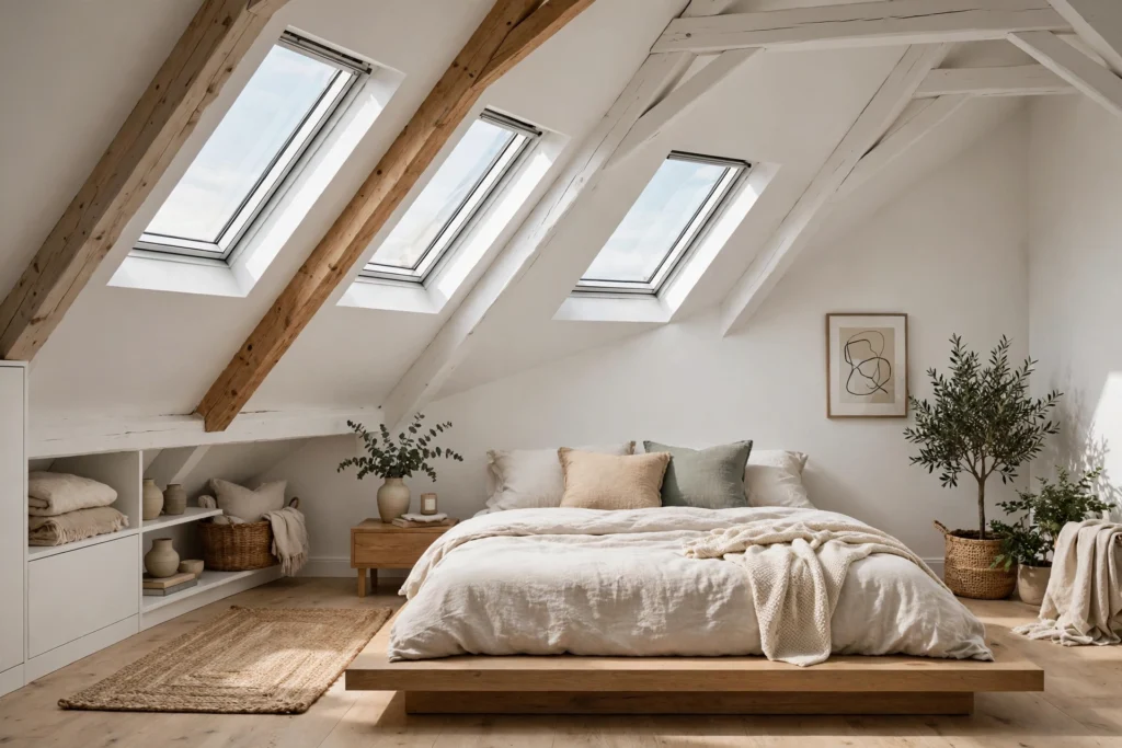 Attic bedroom with a sloped white ceiling, skylights, and a low platform bed