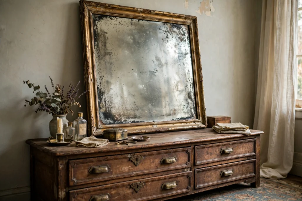Antique distressed mirror with cloudy silvered glass leaning above a vintage bedroom dresser