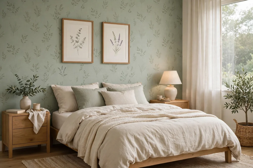 Serene bedroom with soft sage-green wallpaper in a sleep-friendly palette