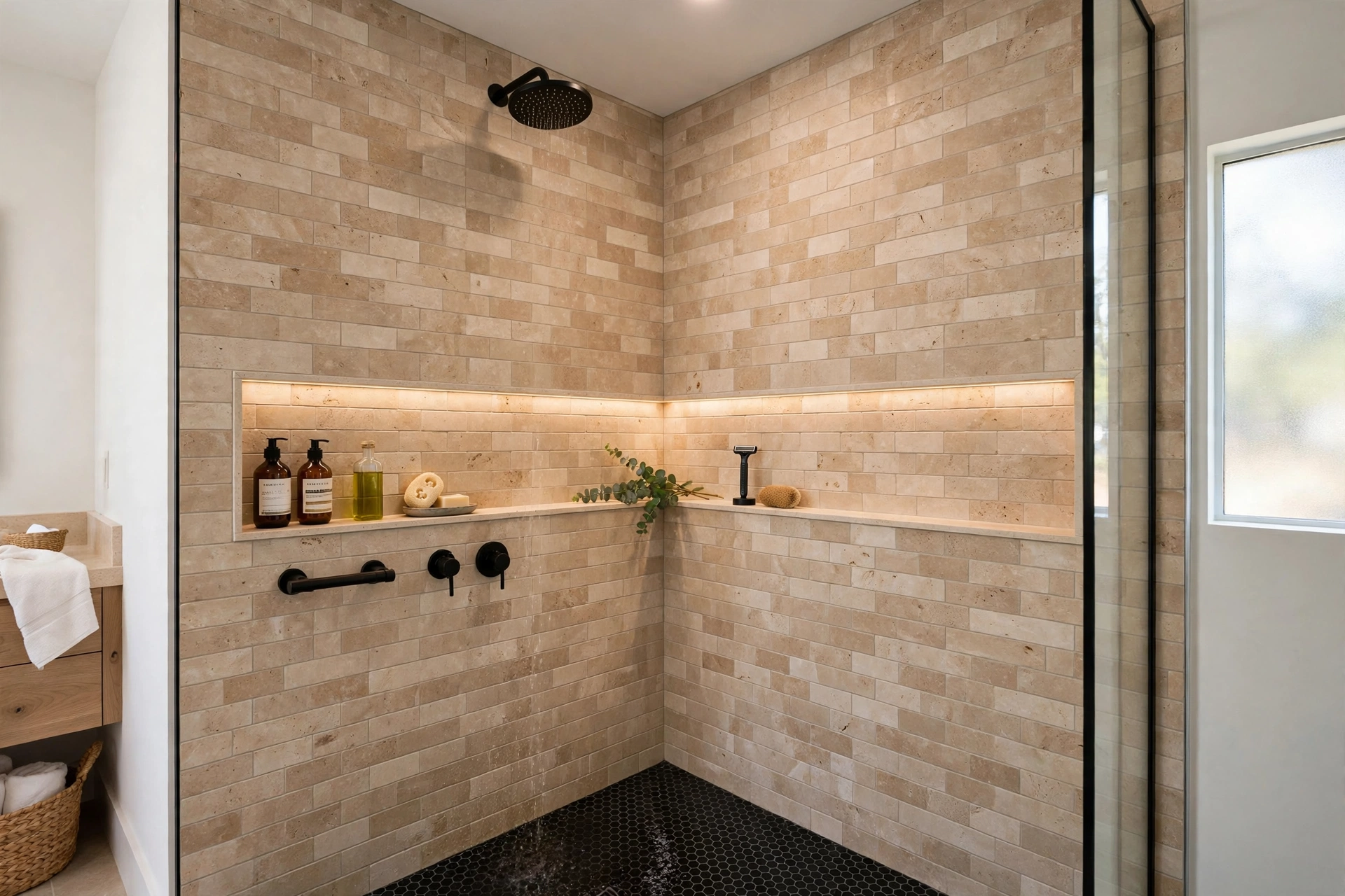 Long wraparound shower niche continuing around the shower corner