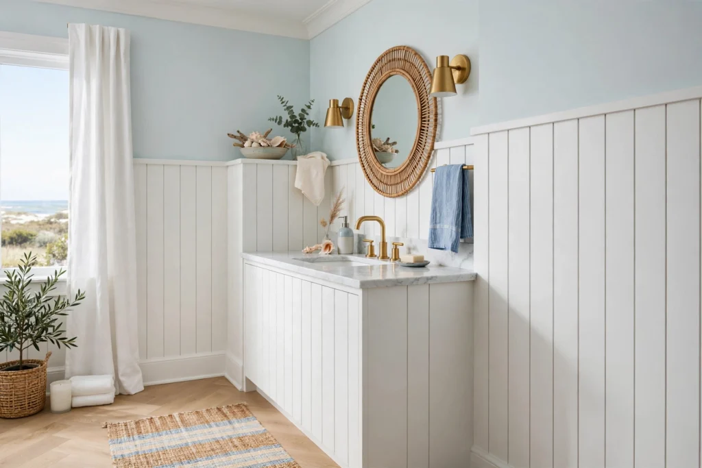 Vertical white shiplap wainscoting in a coastal style bathroom