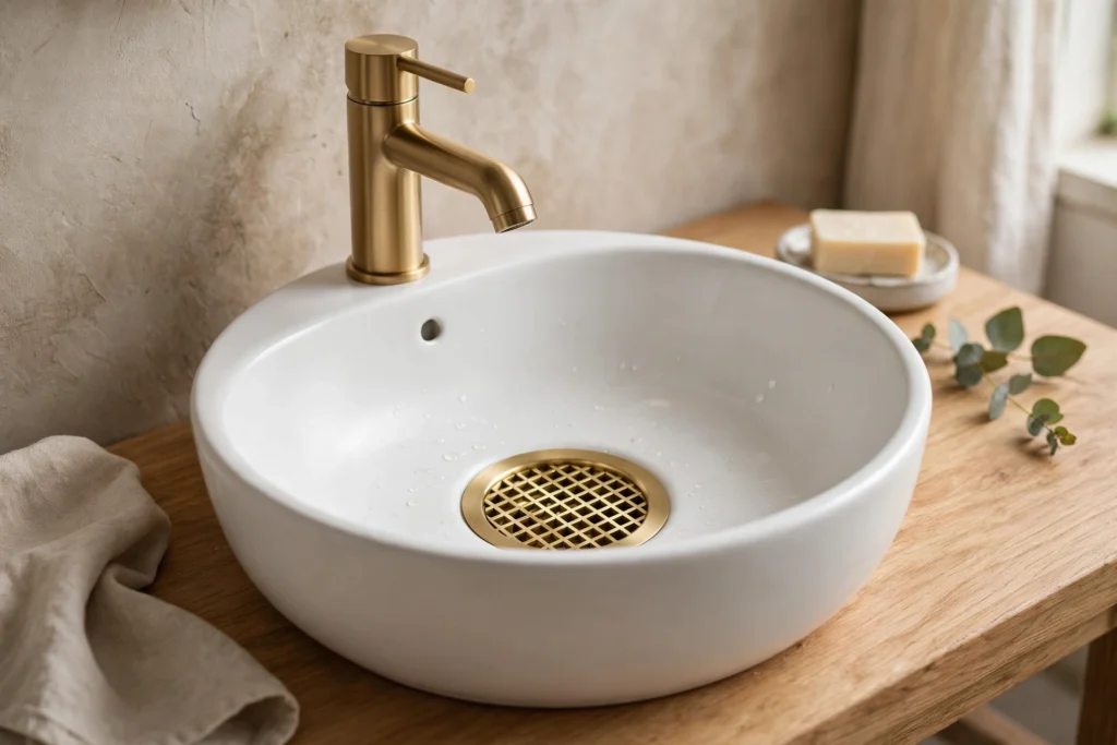 Matching grid drain in a vessel sink paired with the faucet finish