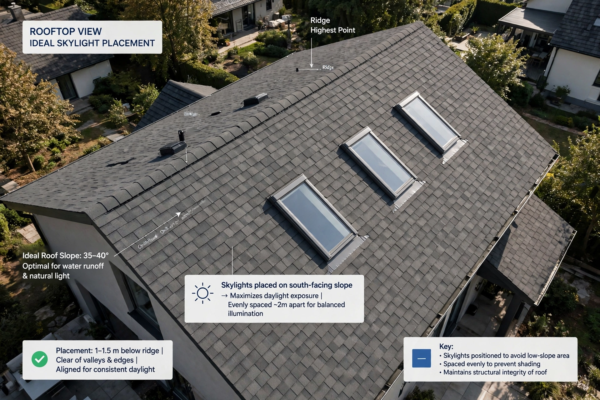 Rooftop view showing skylight placement on the ideal roof slope