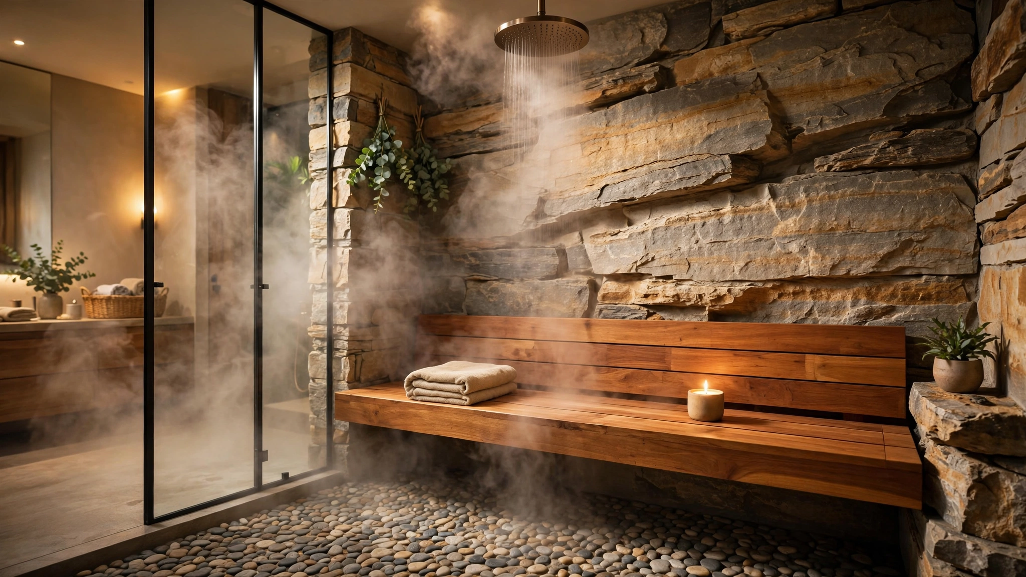 Teak shower bench in a stone walk-in shower of a relaxing spa bathroom