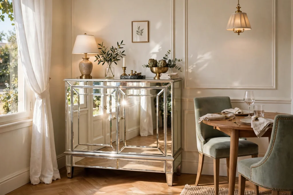 Mirrored sideboard reflecting light in a small elegant dining room