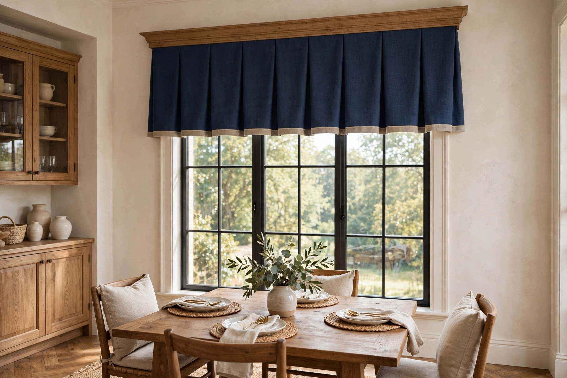 Tailored valance finishing the top of a dining room window