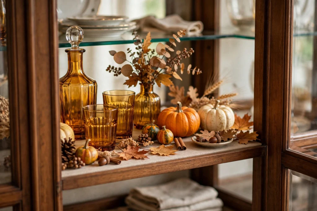 China cabinet shelf styled with an autumn vignette of amber glass and pumpkins