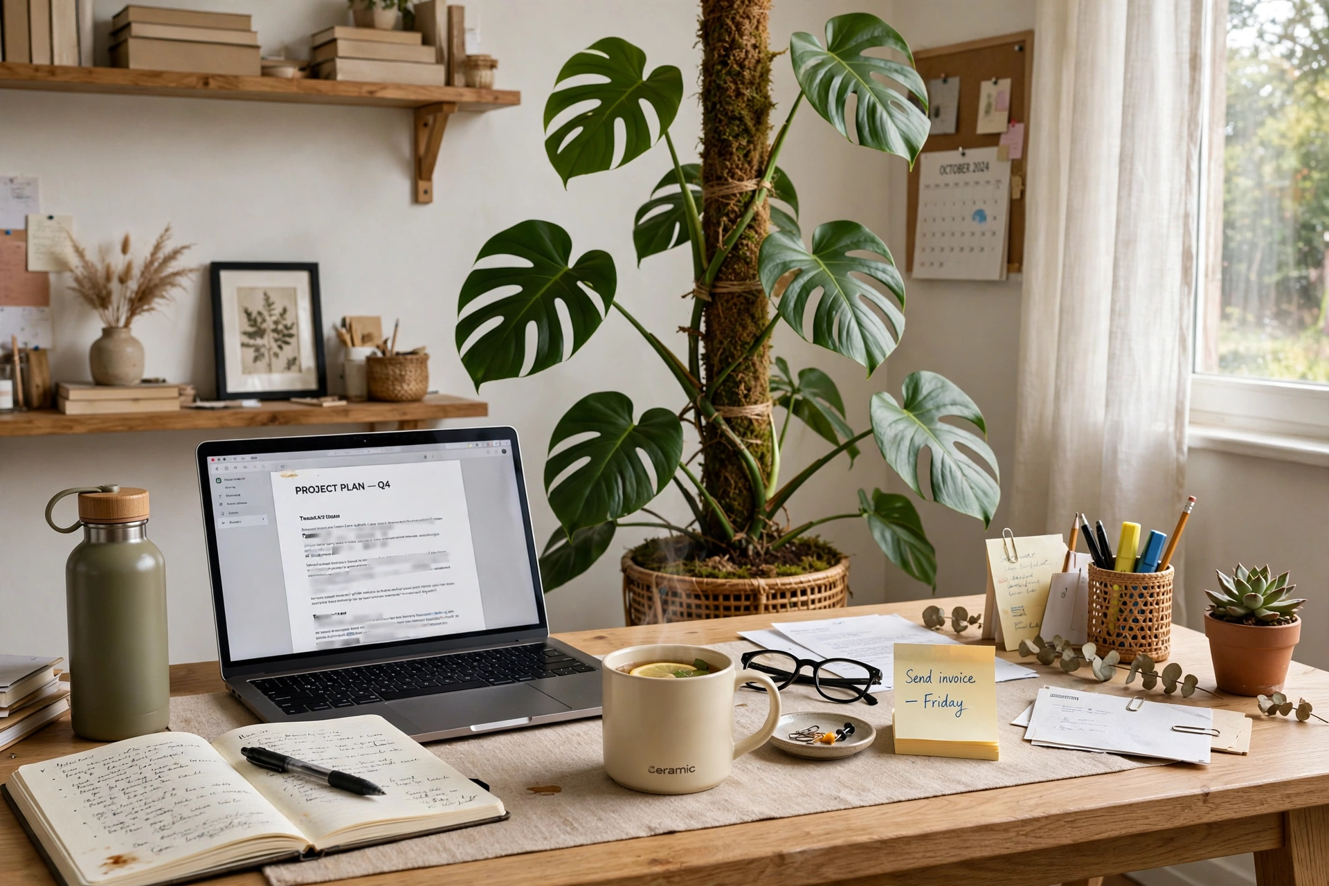 Monstera climbing a moss pole behind a home office desk