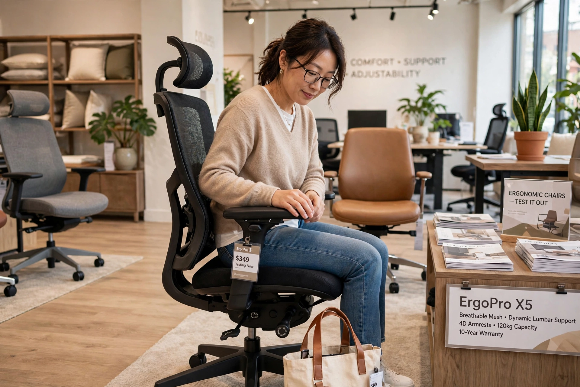 Shopper testing an ergonomic desk chair in a showroom