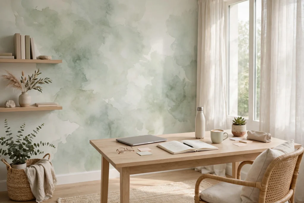 Soft sage watercolor wash wallpaper in a calm, airy home office