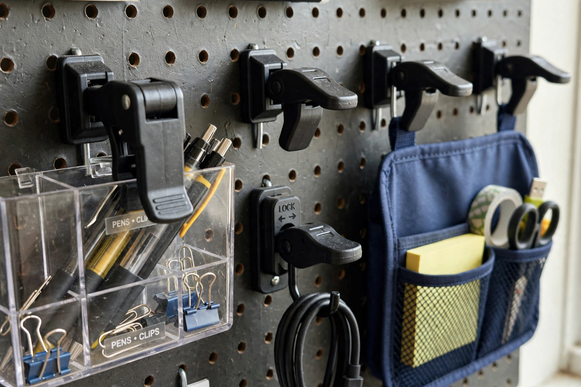 Close-up of locking pegboard hooks and peg locks securing organizers on a home office board