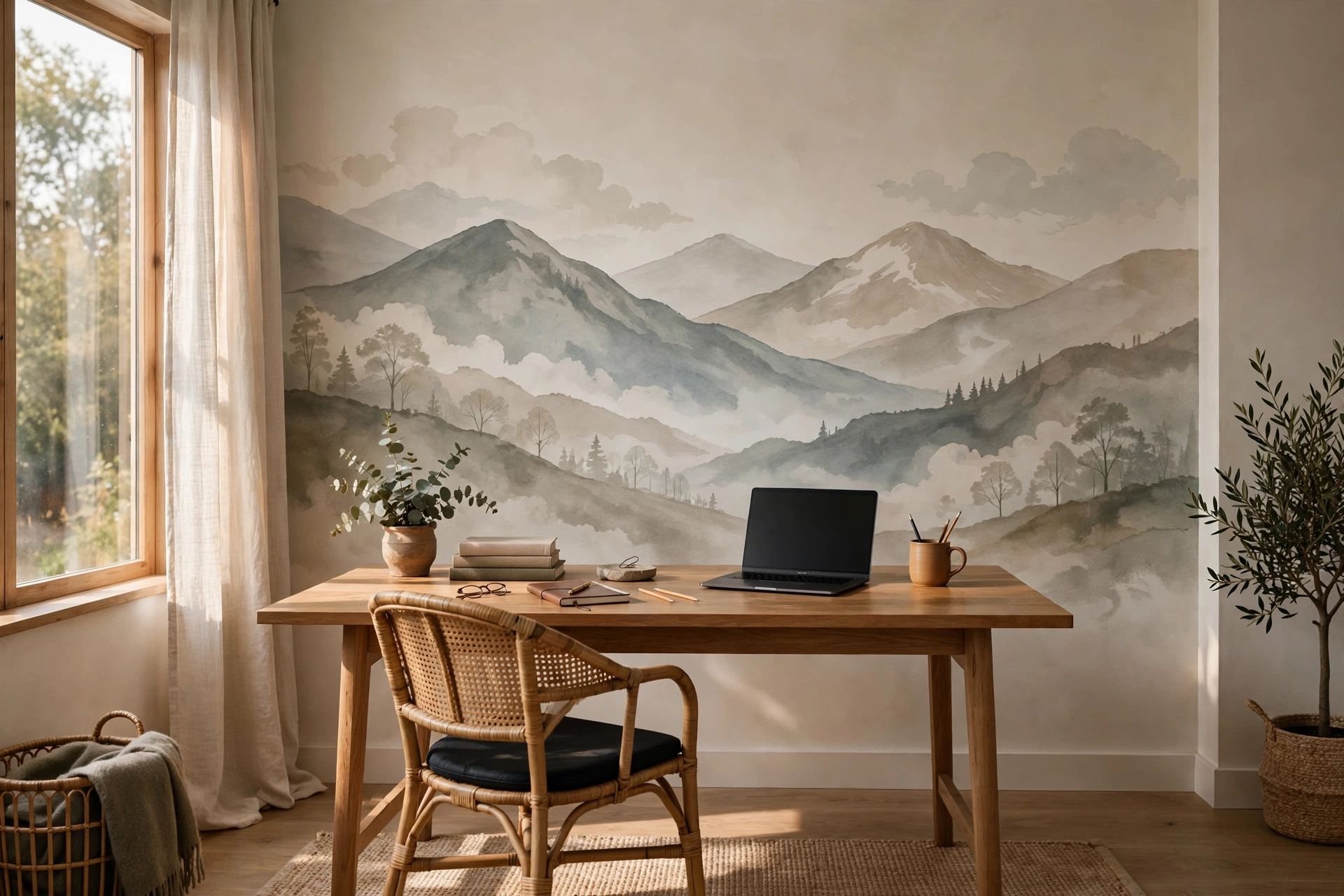 Home office with a hand-painted muted mountain landscape mural behind the desk