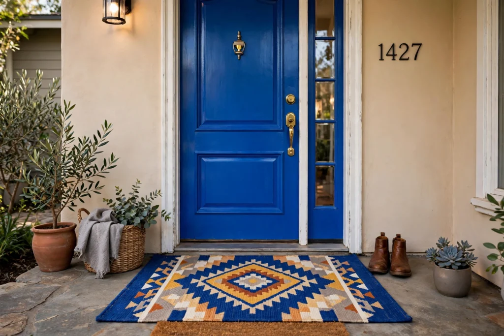 Entryway rug coordinated with a bold painted front door color