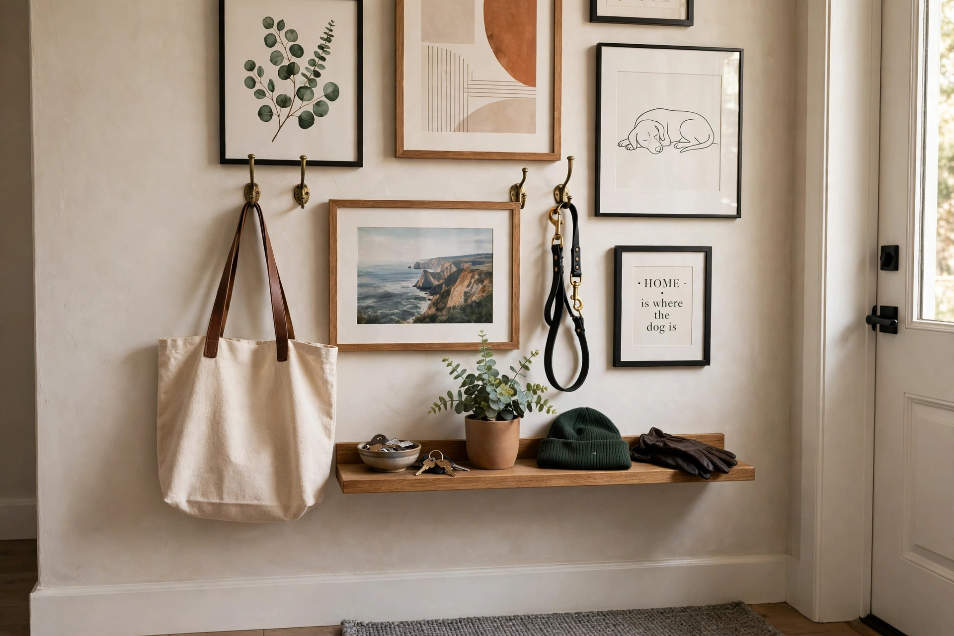 Entryway wall shelf with gallery art and hooks above holding a tote bag and dog leash