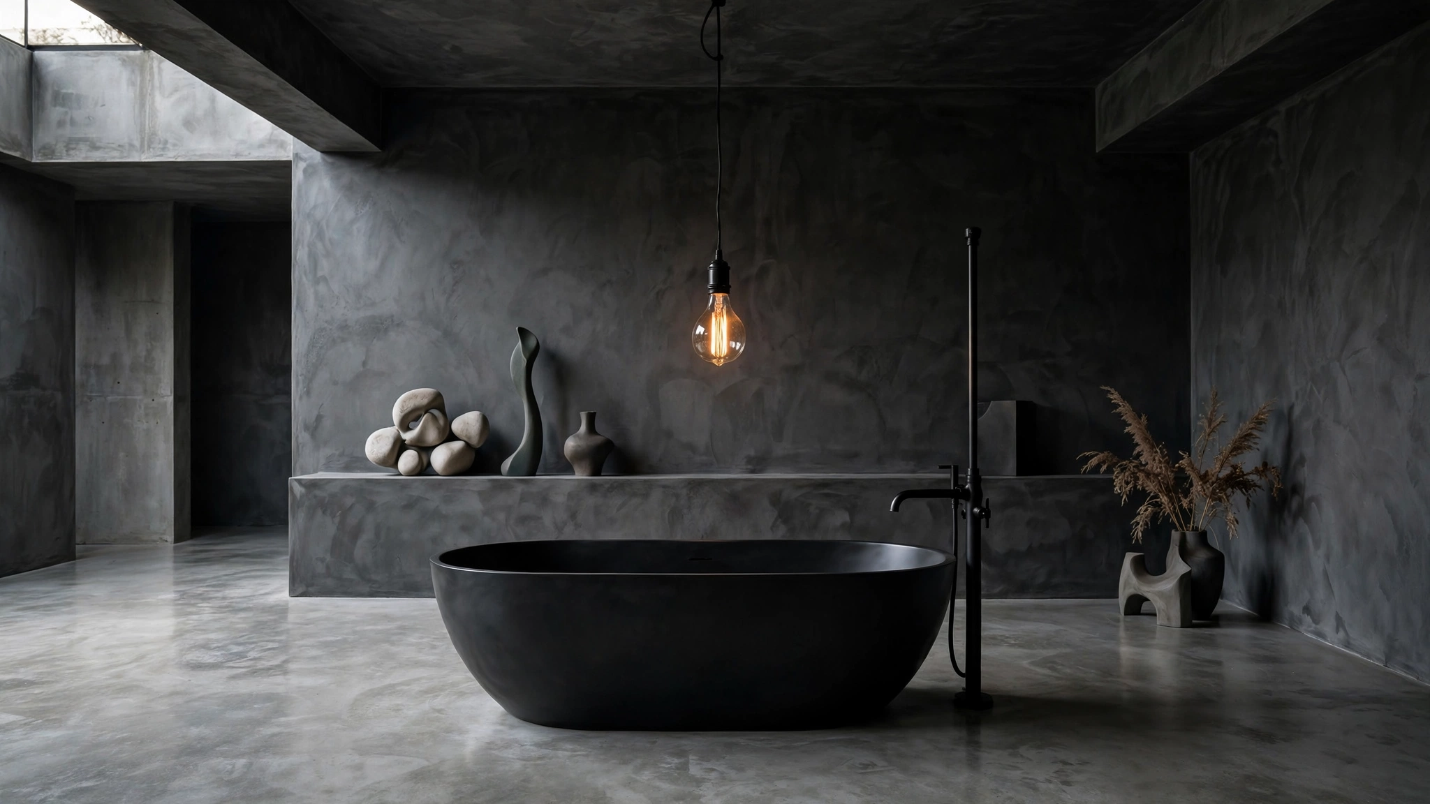 Matte black freestanding soaking tub with floor-mounted black filler and Edison pendant light
