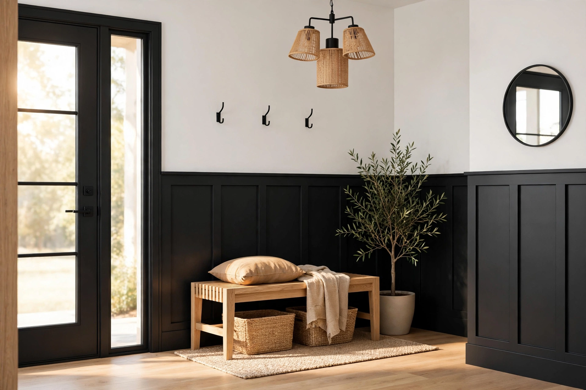Black batten wainscoting on white walls in a modern entryway with light oak bench