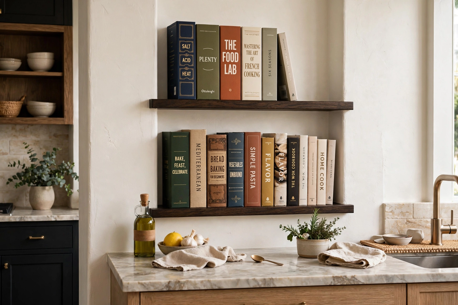 Cookbooks displayed spine out on deep picture ledges in a kitchen