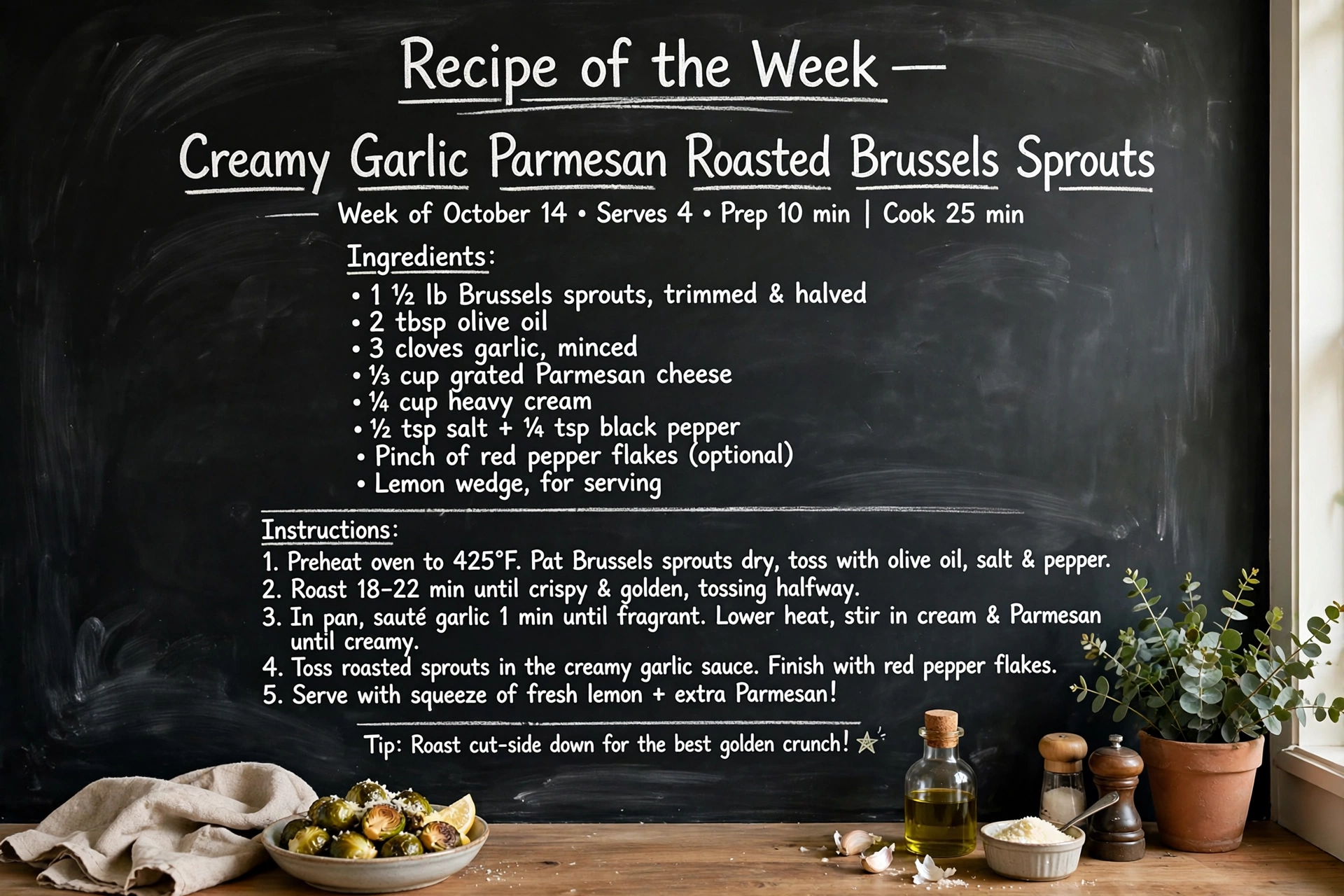 Recipe of the week written in chalk on a kitchen chalkboard wall