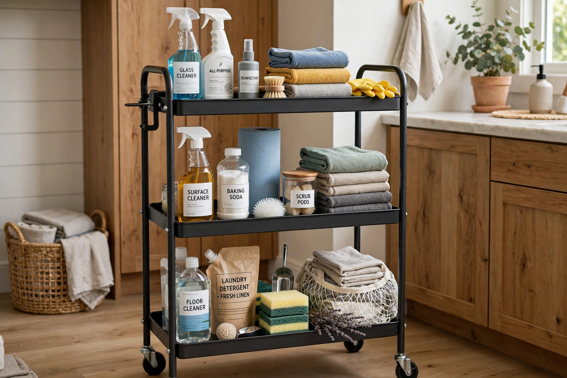 Utility cart organized with cleaning supplies sprays and cloths