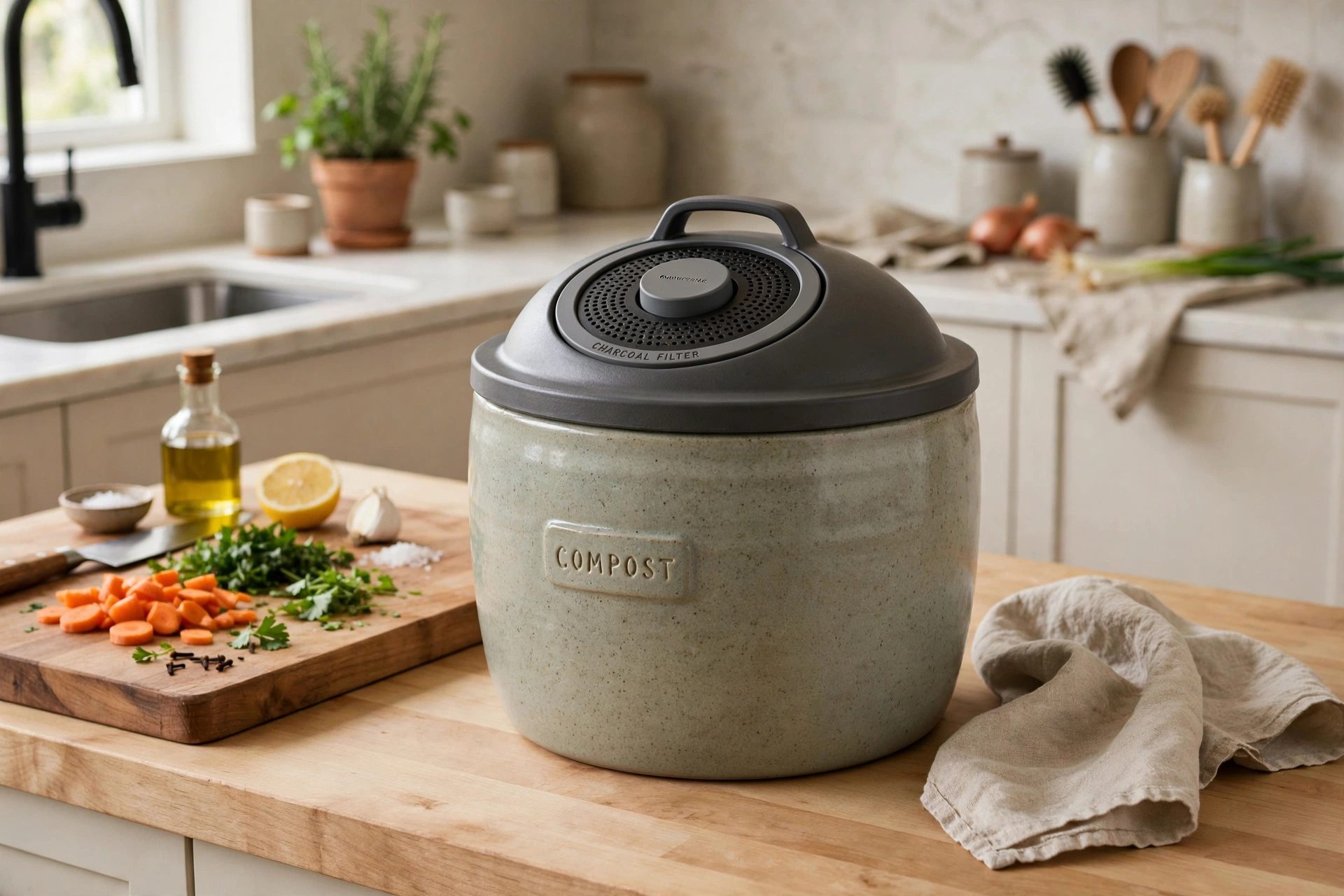Ceramic countertop compost crock with filter lid near a prep zone