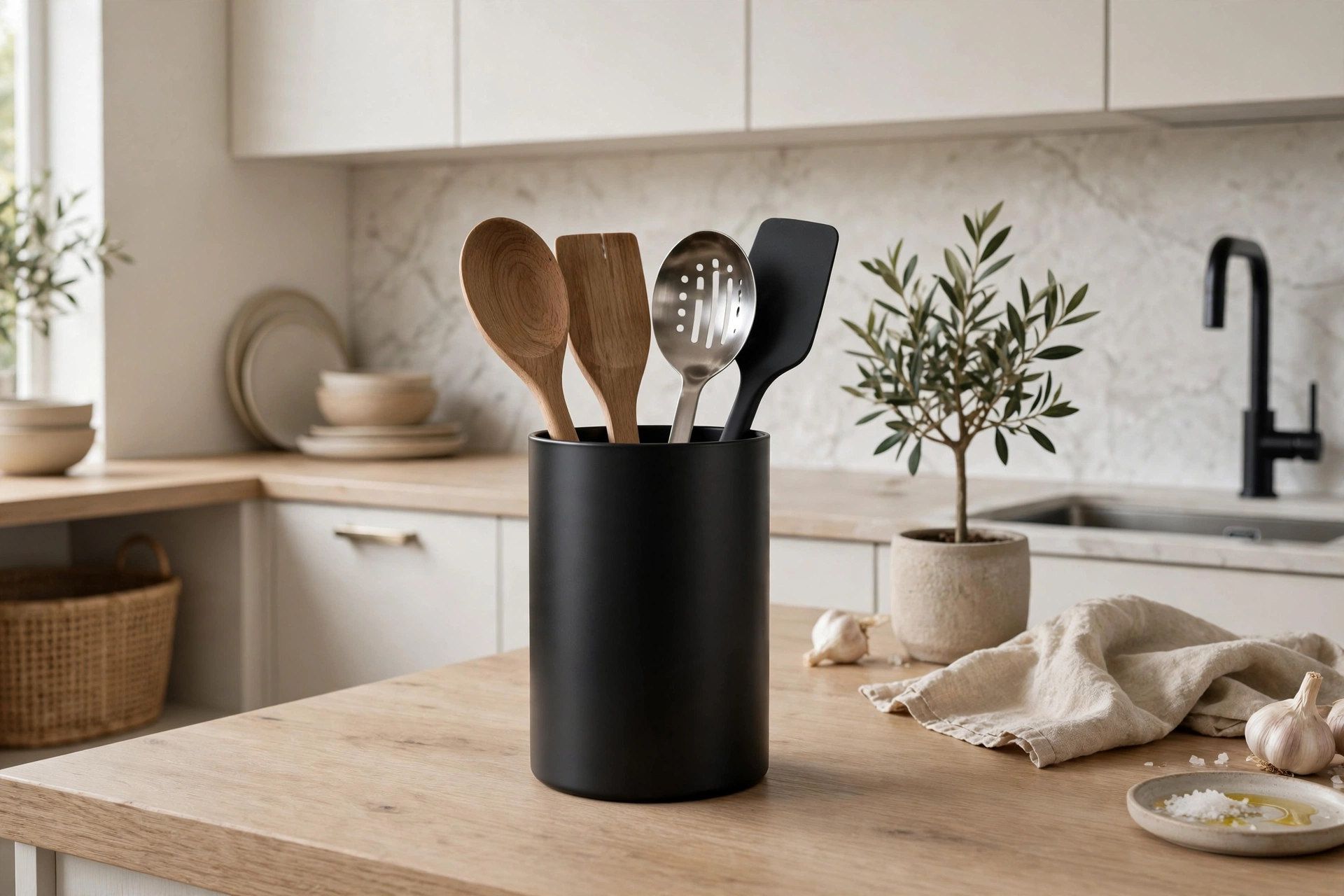 Minimalist matte black cylinder utensil holder in a modern kitchen