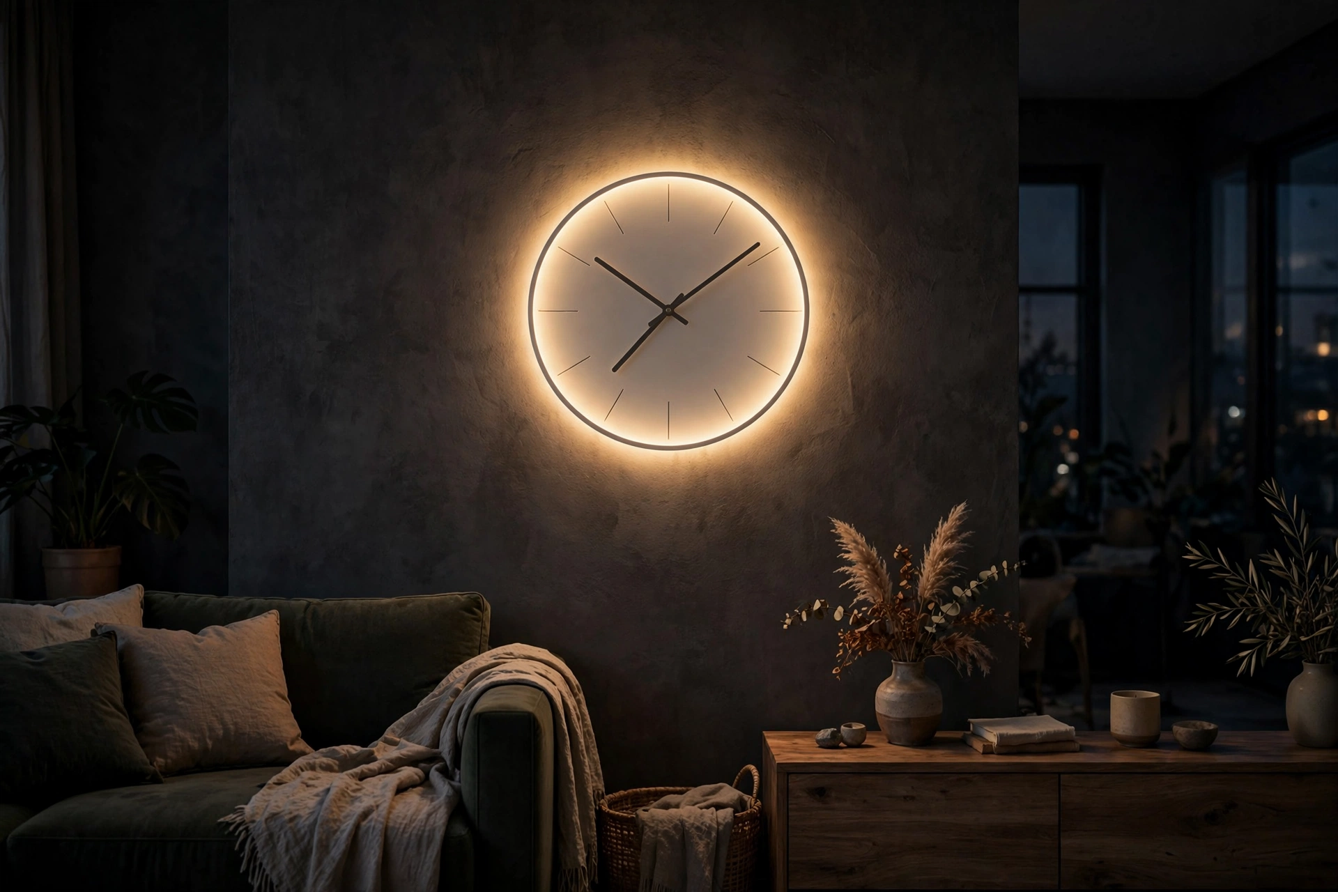 Backlit wall clock glowing softly on a moody evening living room wall