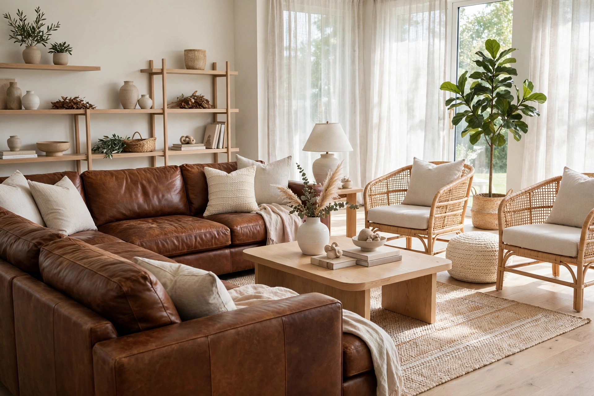 Large leather sectional balanced with light airy accent furniture