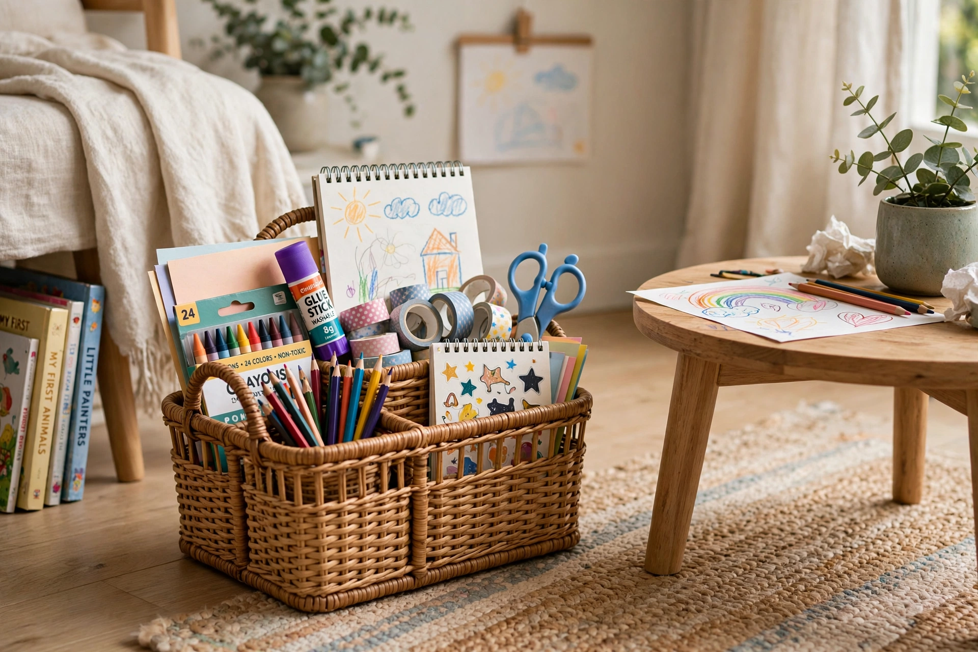 Handled basket caddy holding kids art supplies beside a small table