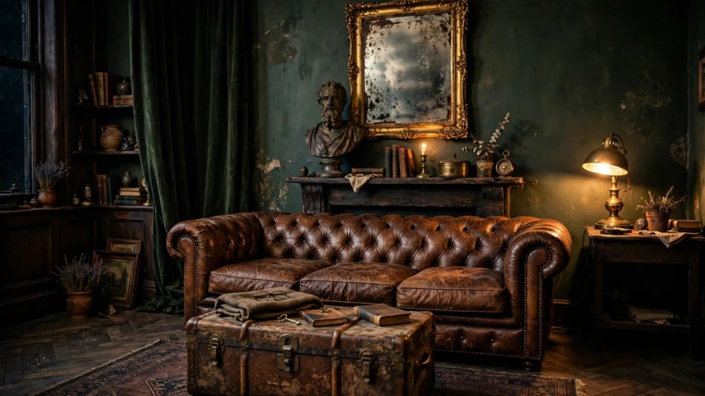 Worn leather Chesterfield and antique gilt mirror in a dark green moody living room