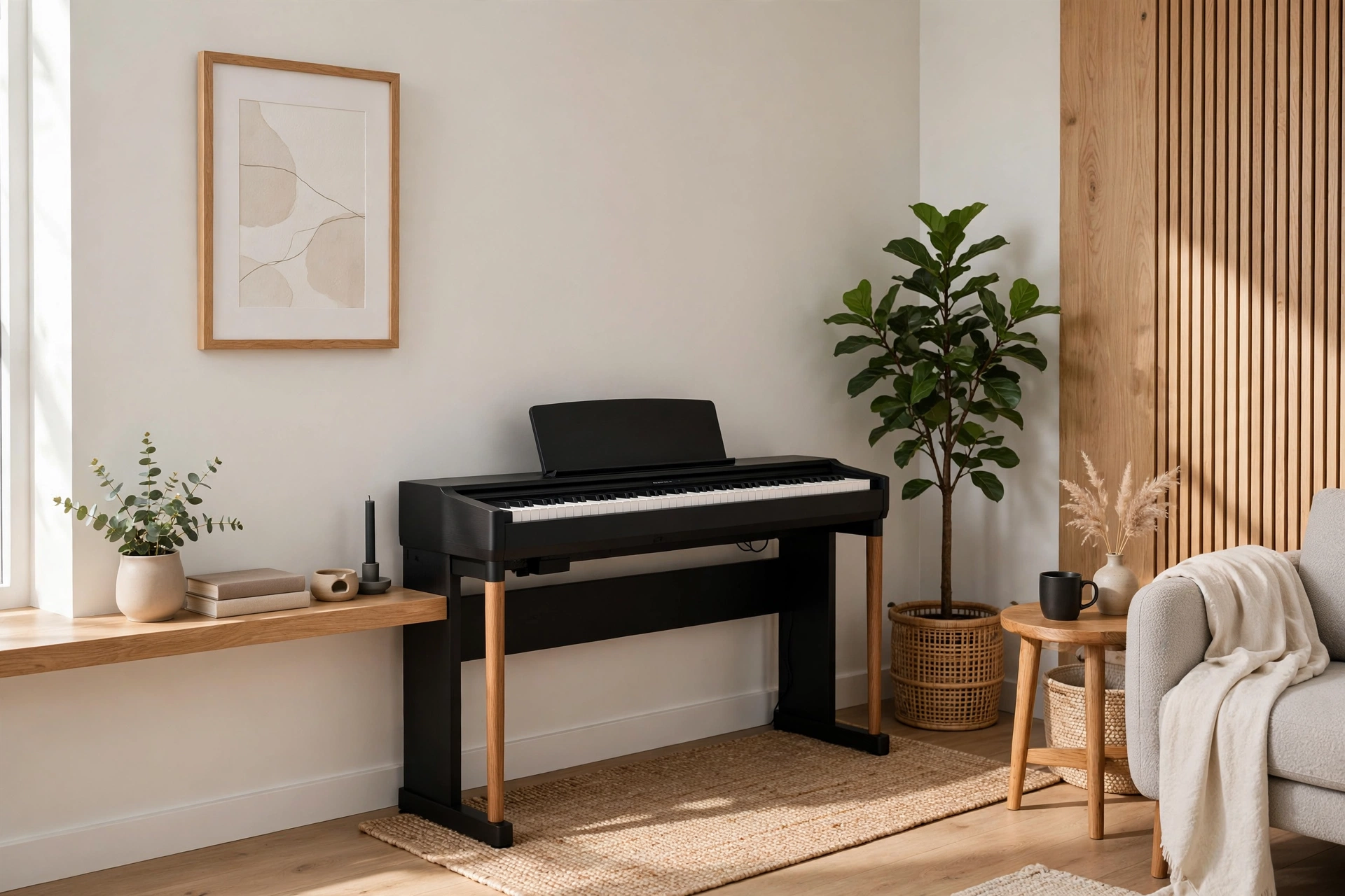 Digital piano setup with hidden cables in a tidy modern corner