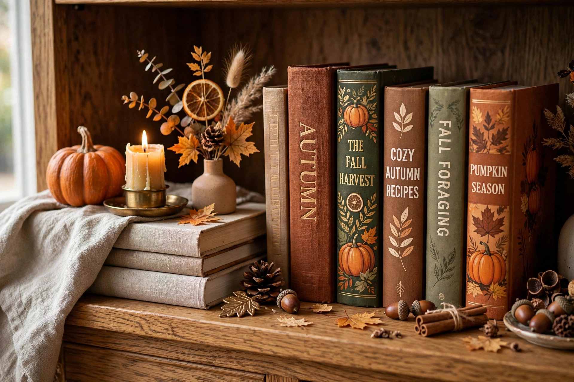 Bookcase top shelf styled with seasonal decor and autumn books
