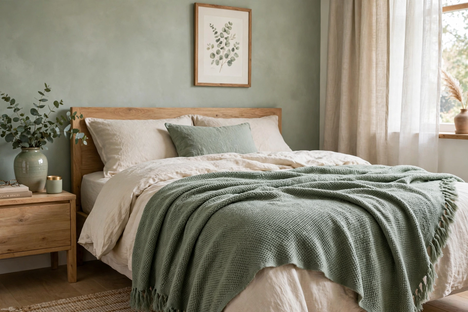 Sage green throw blanket echoing the color palette of a calm bedroom
