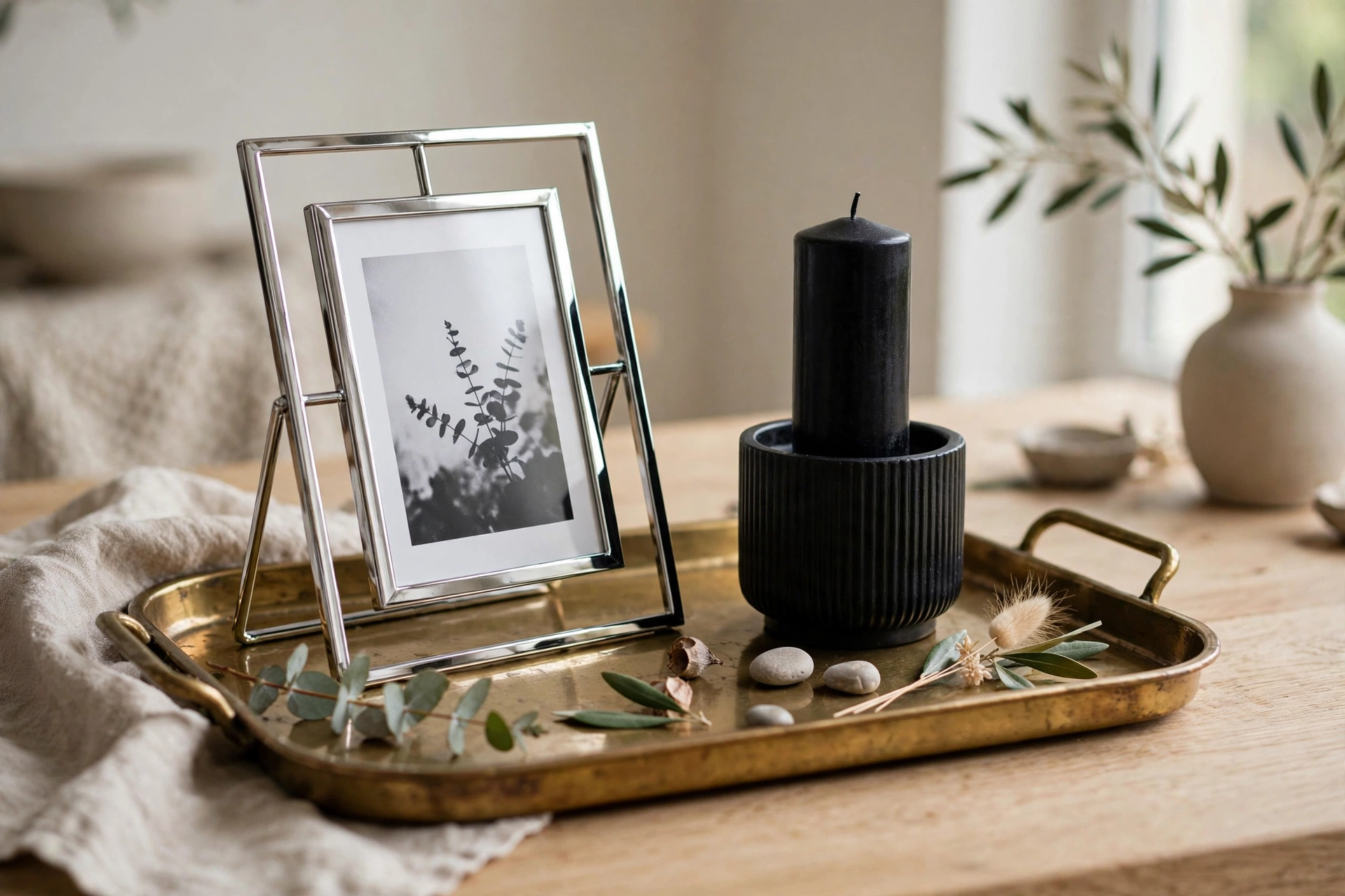 Brass tray mixing chrome photo frame and black candle holder