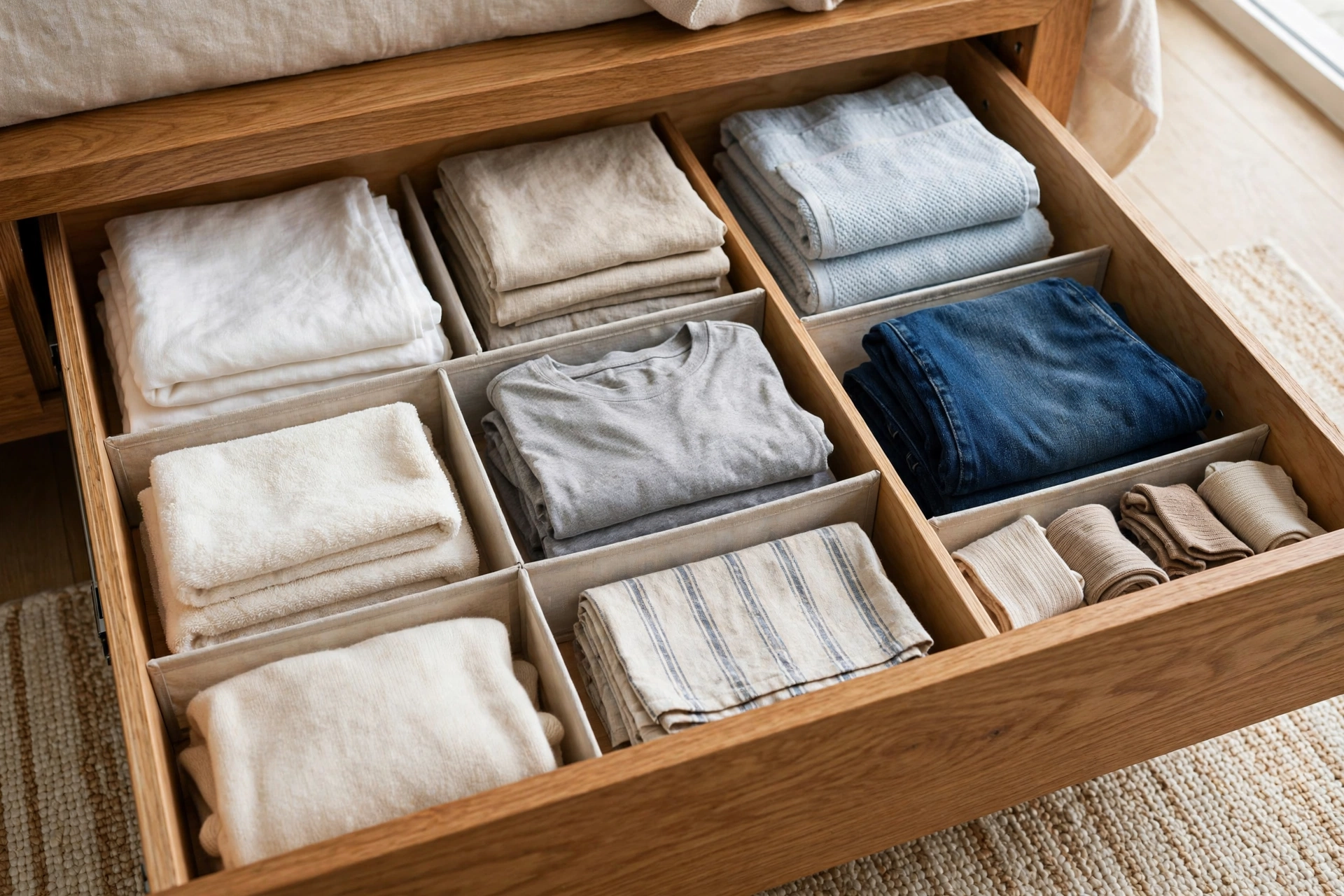 Open storage bed drawer with dividers organizing linens and clothes