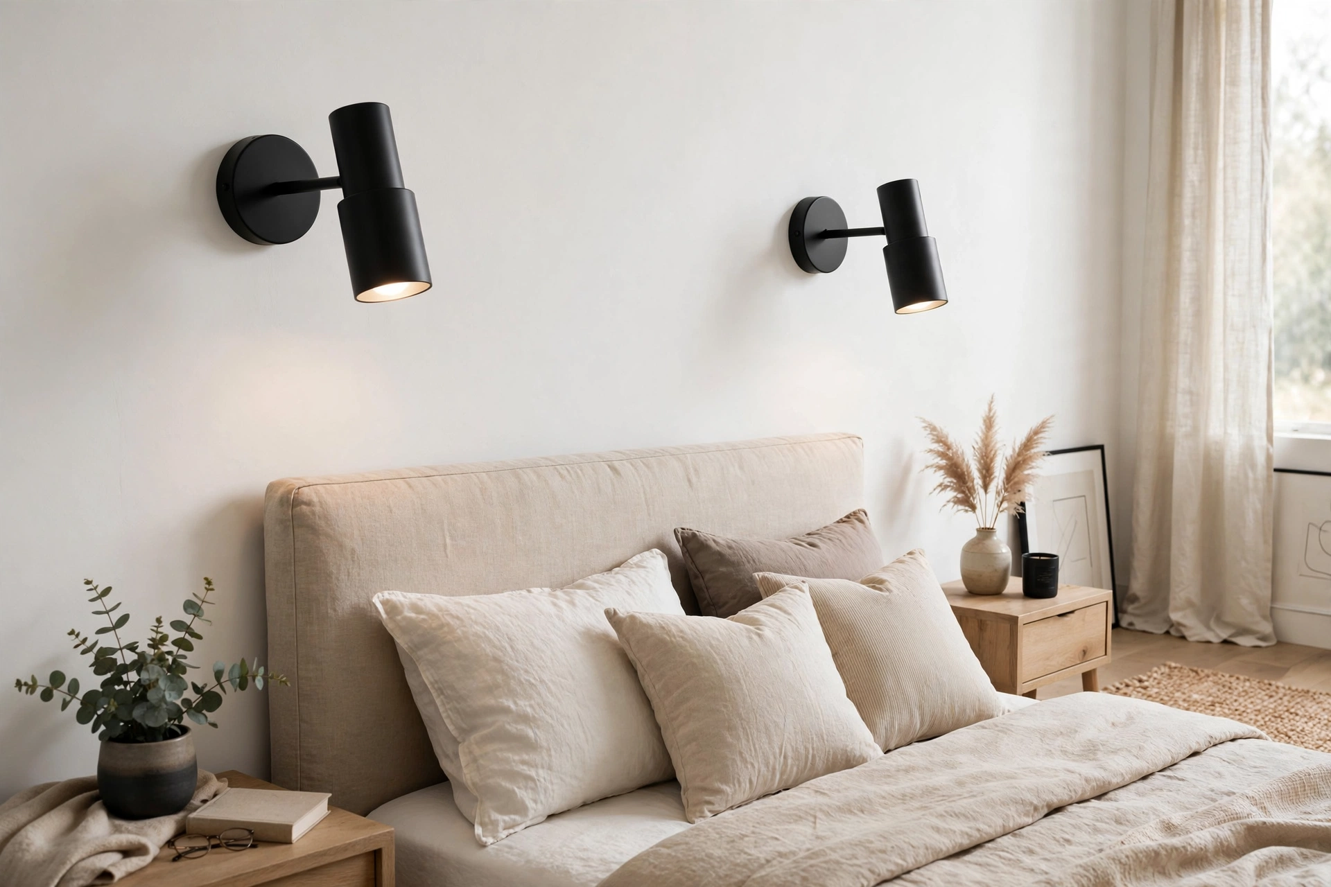 Matte black wall sconces contrasting with white bedroom walls