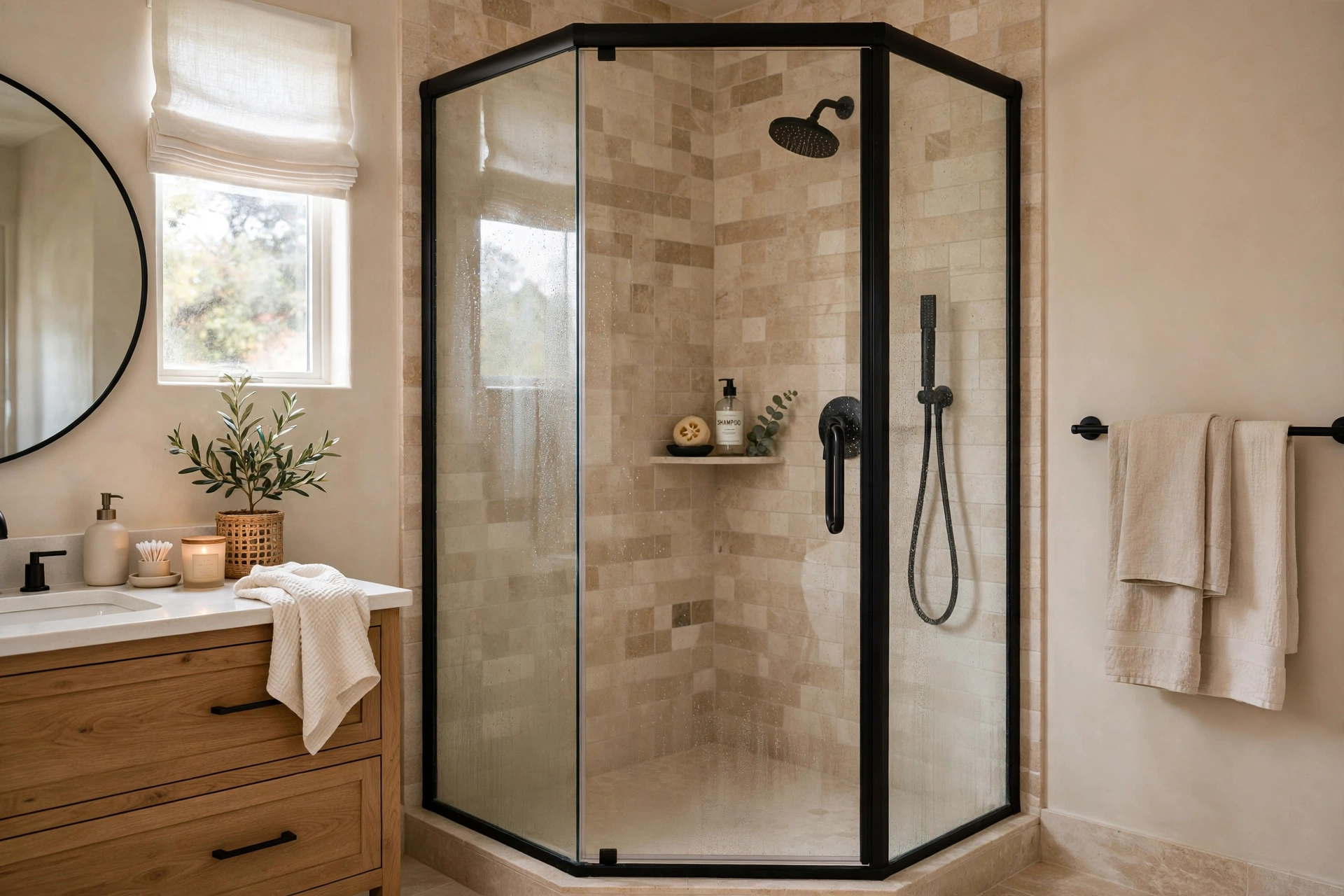 Neo angle corner shower door with angled front glass panels
