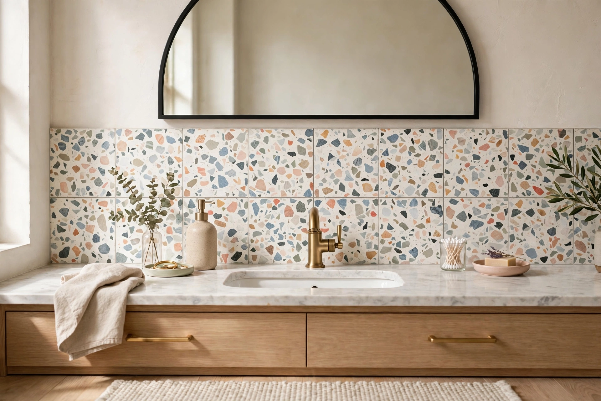 Terrazzo look tile backsplash with playful stone speckle behind a vanity