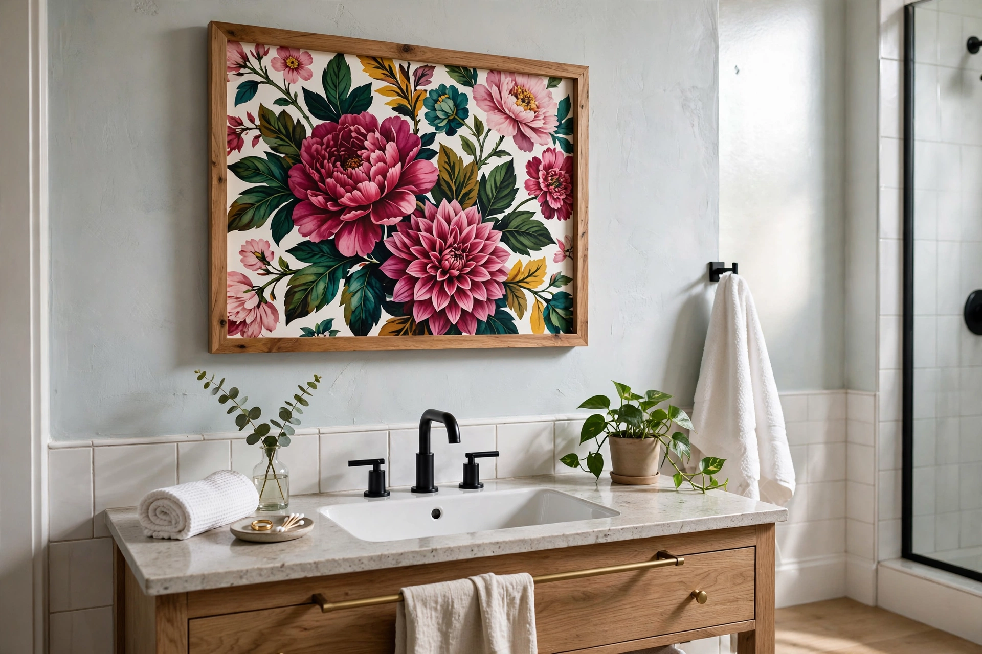 Bold floral wallpaper remnant framed as custom art in a bathroom
