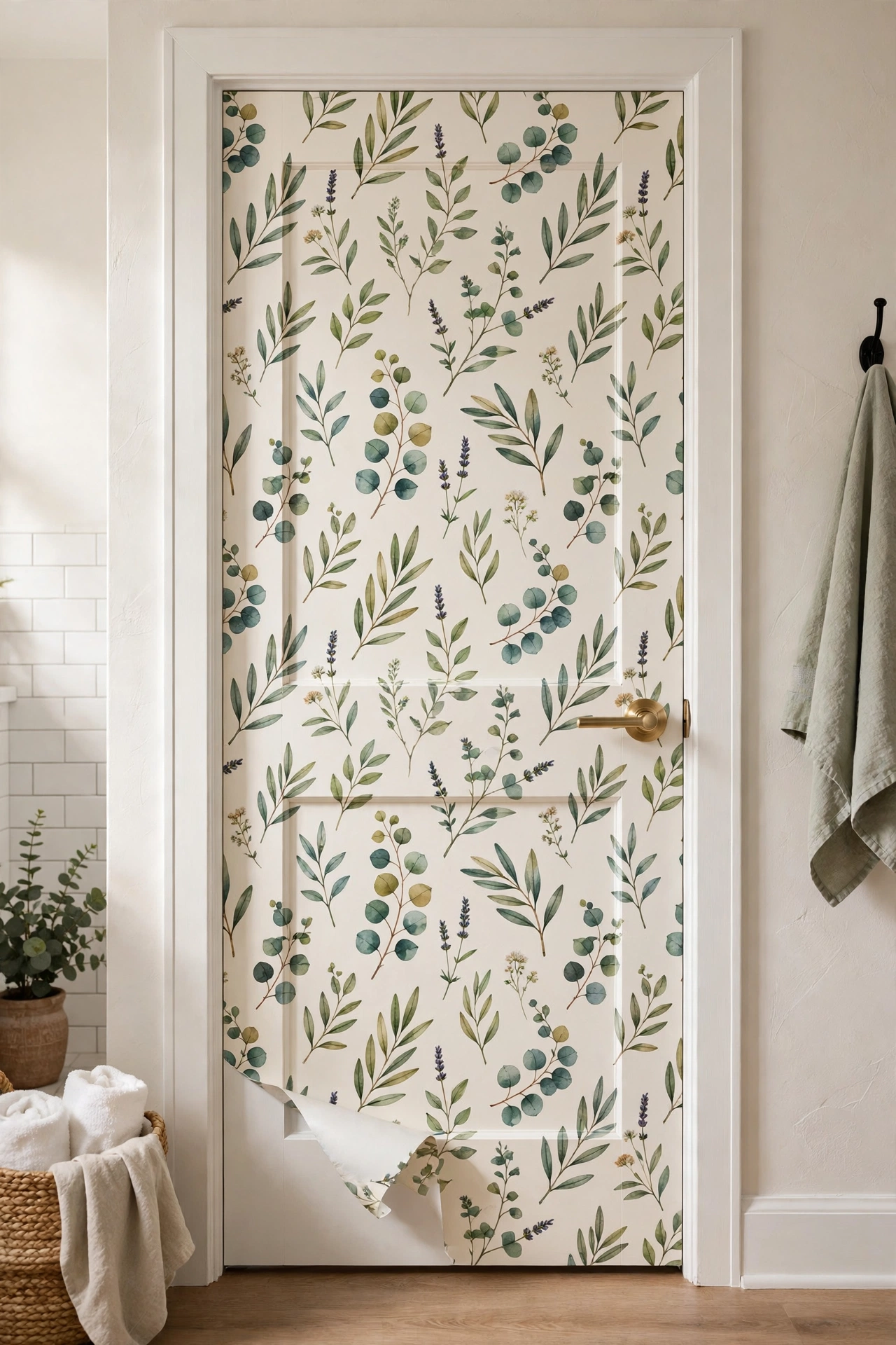 Peel and stick botanical wallpaper applied to a bathroom door