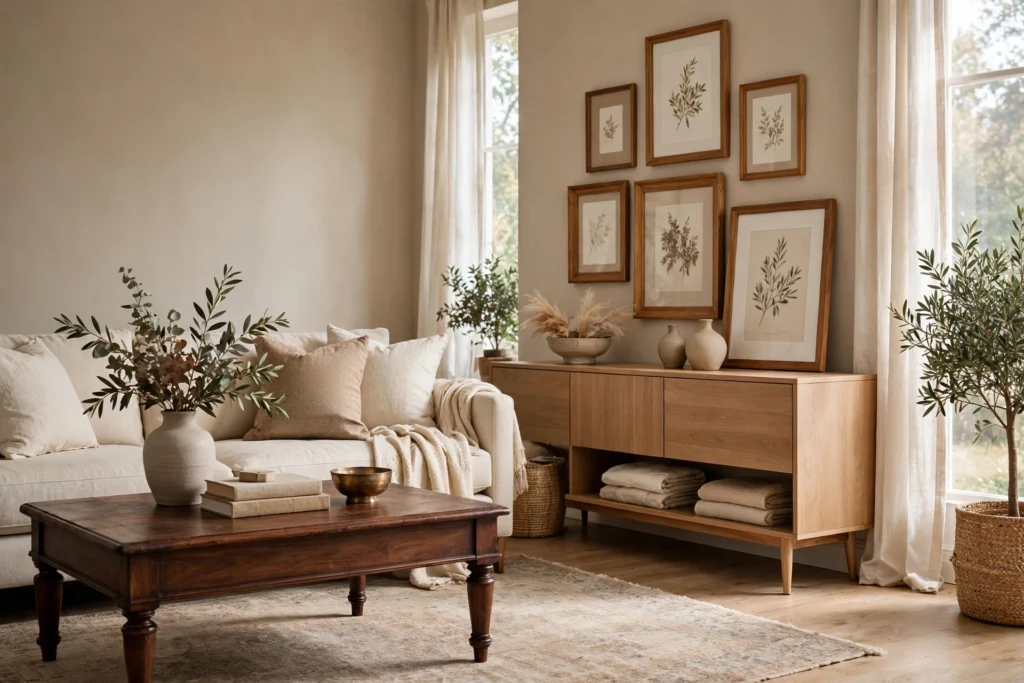 Living room mixing a dark walnut coffee table with a light oak modern sideboard